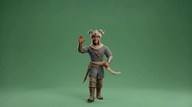 Valiant 3D Cartoon Middle Eastern Warrior Character with Scimitar Sword on Green Screen Background