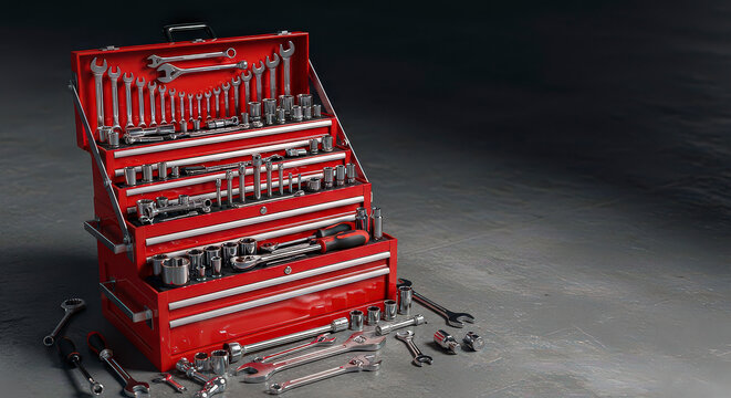 Red toolbox full of shiny metal wrenches sockets and tools organized in drawers professional workshop equipment on concrete floor.