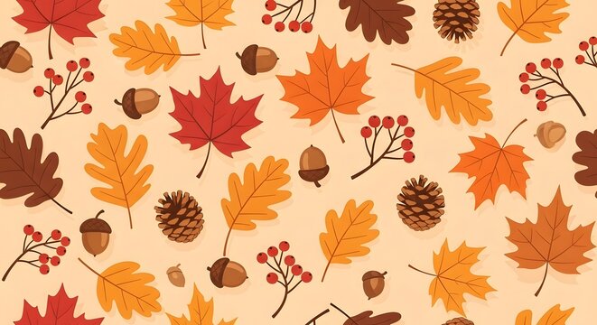 Autumn pattern with colorful leaves, acorns and pinecones on a beige background