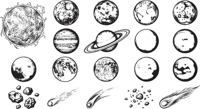 A cosmic collection of celestial bodies, detailed monochrome illustrations of the cosmos.