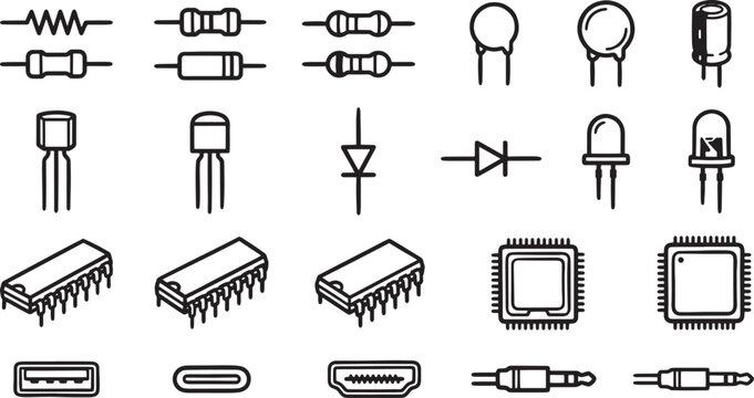 An array of meticulously drawn electronic components and circuits. These icons are ideal for illustrating technological concepts.