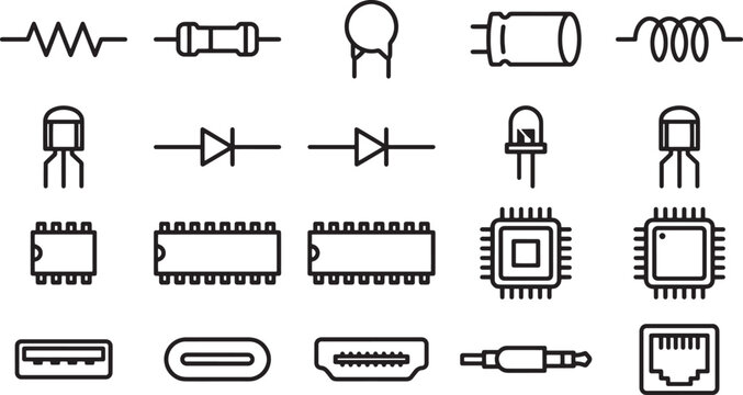 A comprehensive set of minimalist circuit elements, offering a crisp, clear representation of essential electronic components, perfectly suited for tech-related projects.