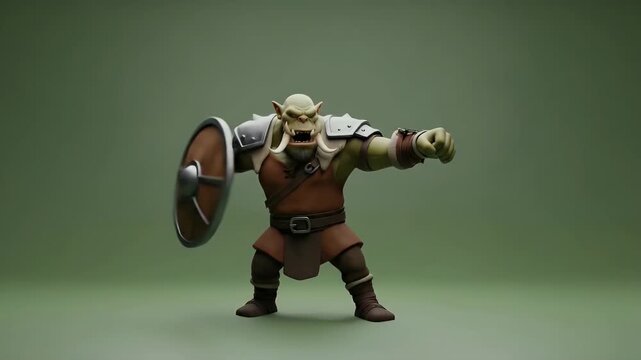 Fierce Green Orc Warrior Character with Shield and Armor Ready for Battle