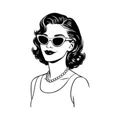 Logotipo boutique de moda. Dibujo con líneas de la cabeza de una mujer con peinado, gafas de sol, collar de perlas y ropa estilo vintage  © teracreonte