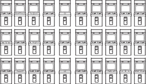 A grid of retro arcade game machines, pattern of classic gaming. 