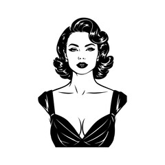 Logotipo boutique de moda. Dibujo con líneas de la cabeza de una mujer con peinado y ropa estilo vintage  © teracreonte