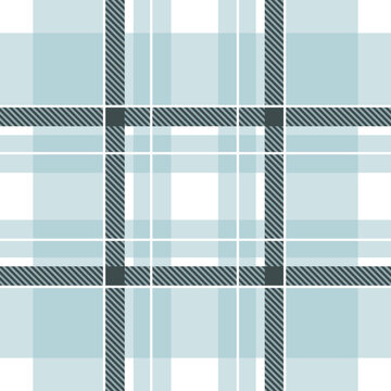 Seamless light blue and grey tartan plaid check pattern with white accents for textile, apparel, and fabric design.
