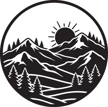 Sunrise over snow-capped mountains with trees in a circular landscape