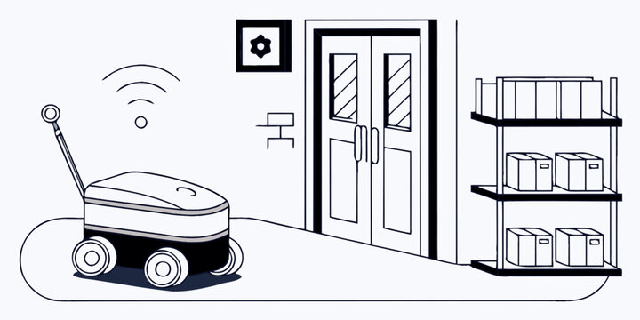 Modern warehouse autonomous deliver robot vector illustration featuring in simple vector style