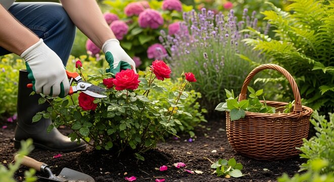 Gardener pruning roses in a lush garden with a wicker basket
