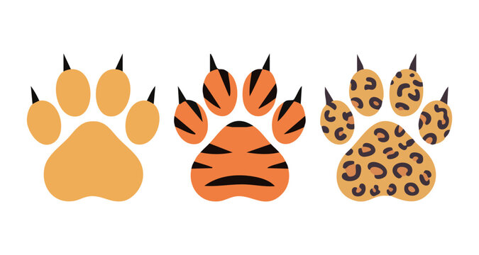 Tiger and leopard paw print illustration with fur pattern and sharp claws for wild animal theme art