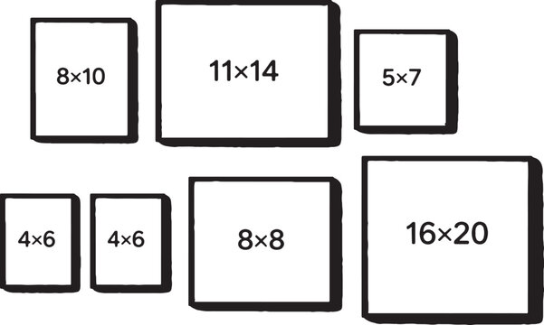 Minimal Hand Drawn Frame Sizes Layout with 8x10 11x14 5x7 8x8 and 16x20