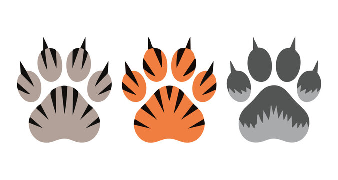 Striped tiger paw prints vector set with sharp claws and fur texture for jungle wildlife illustration