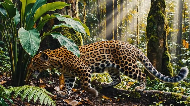 Graceful leopard prowls through lush rainforest under dappled sunlight, showcasing natural beauty in its habitat