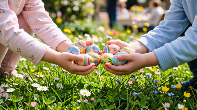 Children hands holding a pile of decorated Easter eggs over green grass. Kids sharing painted eggs in a spring garden