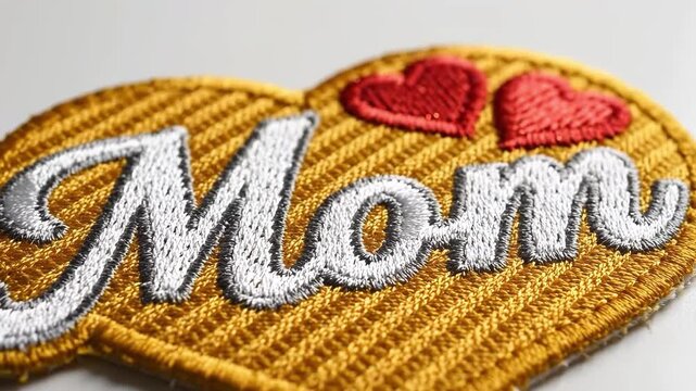 Golden heart shaped mom patch with red hearts on white background