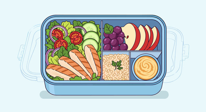 A healthy and balanced bento box lunch featuring grilled chicken, fresh salad, fruits, and grains, perfect for meal prep.