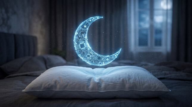 Glowing blue circuit crescent moon floating above white pillow, biohacking and deep sleep recovery concept.
