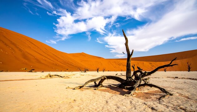 Arid landscape with a cracked clay ground, dead tree and orange sand dunes against a blue sky