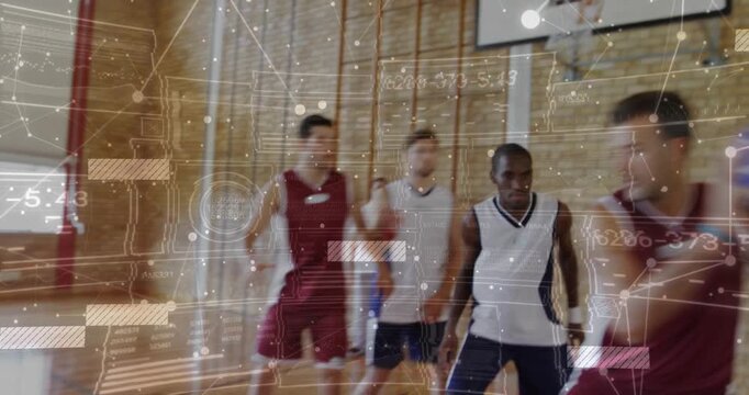 Red jersey handler creating space, guard forcing crossover and pass, HUD tracking motion basketball