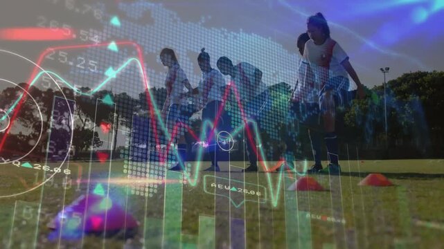 Cue starting five female players stepping to cones, tapping feet for training, data visuals pulsing