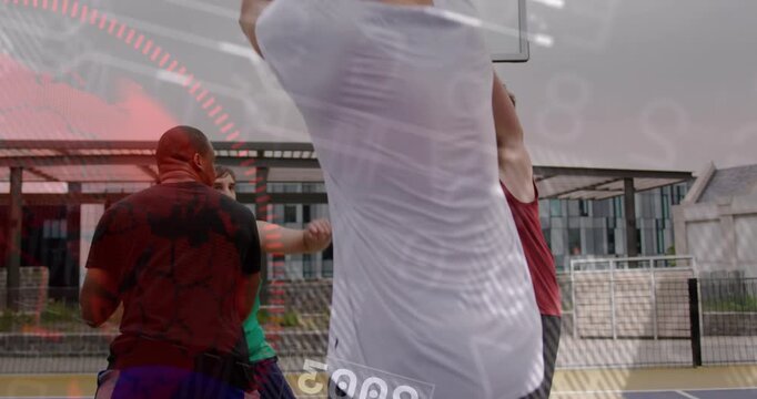 Player tee dribbling ball faking rising trying to score at hoop sports overlay drifting over court