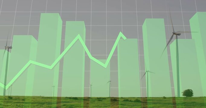 Translucent green bars rising from horizon, causing line graph showing wind turbines energy output