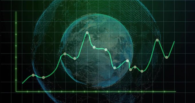 Neon green plot line starting at left axis and drawing peaks over teal globe, visualizing analytics