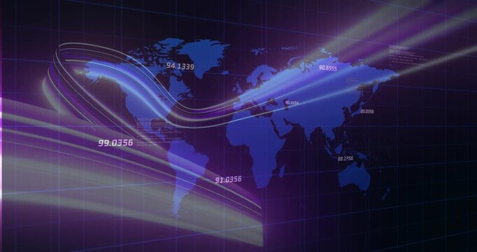 Stylized world map showing ribbons from left edge, highlighting numeric labels for tech data