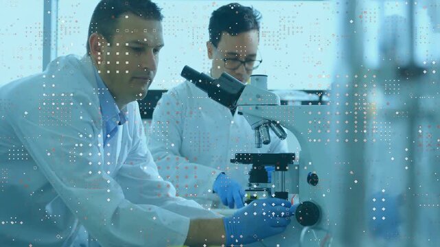 Left man peering at microscope right reaching pipette, prepping slide, dotted overlay guiding study