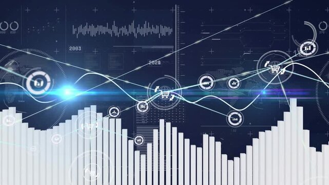Animated ecommerce HUD receiving data feed, expanding nodes and pulsing spectrum, analyzing sales