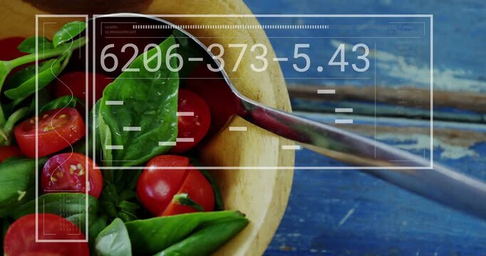 Wooden bowl with cherry tomatoes, camera zooming, HUD cycling codes over bowl for food tracking