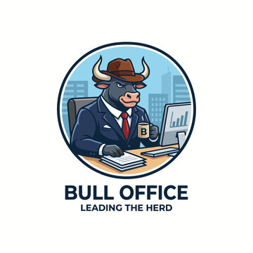 An assertive bull character in a business suit sitting confidently in an office, showcasing leadership qualities and professionalism in a playful and engaging manner.