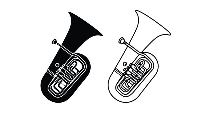 Two brass instruments a tuba and sousaphone in contrasting styles silhouette