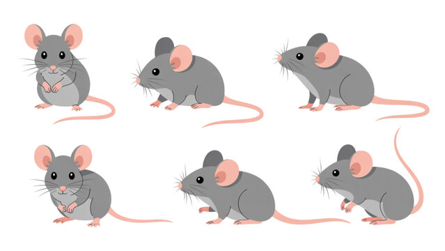 Group of six cartoon mice standing in a row with red ears and tails Vector