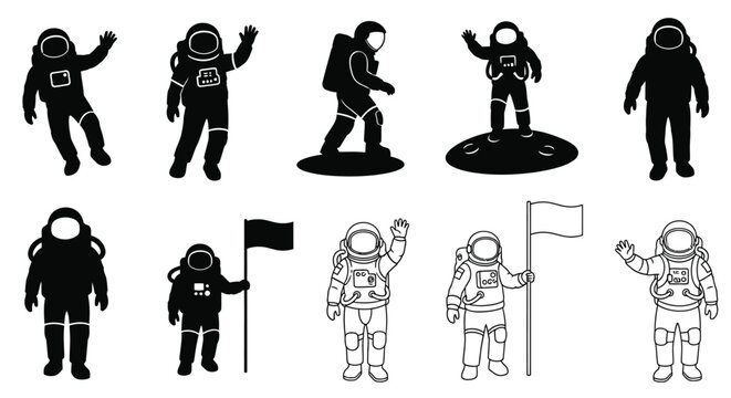 Astronauts in various poses with flags a striking black silhouette