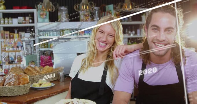 Animated timeline sweeping initiating bakers holding pose in bakery showing cake bread years growth
