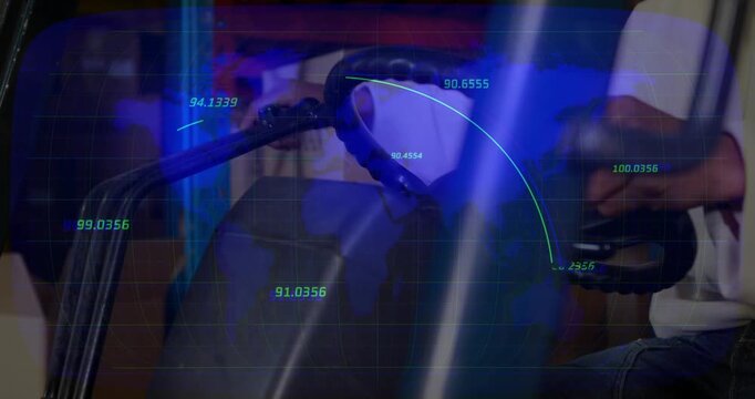 Industrial operator entering frame and engaging levers for tuning, overlay animating readouts