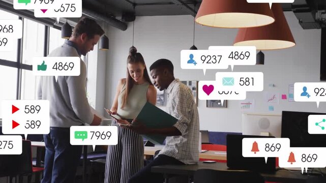 Vertical video: Finalizing, casual team reacting to badges with tablet and green folder in office