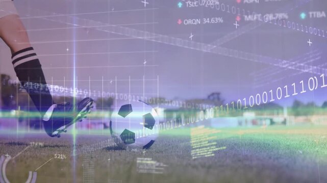 Soccer player approaching ball, tapping, striking while HUD overlaying pitch, collecting metrics