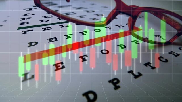 Candlestick overlay appearing, red glasses shifting center, bars rising and revealing letters