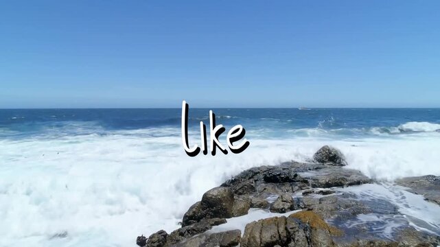 Panning camera, waves surging rocky outcrop, foam pooling, like overlay staying over surf for ads