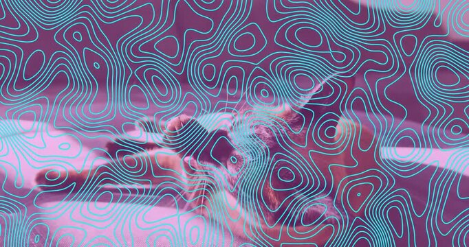 Male-presenting person reclining breathing, tilting head, sliding cyan overlay over face for design