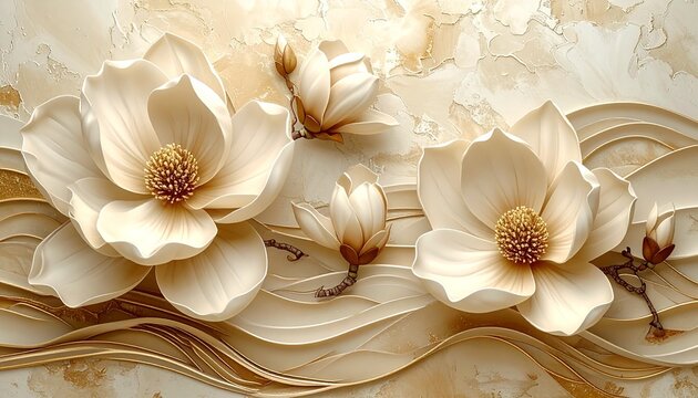 elegant beige magnolia flowers on textured batik wallpaper background in soft light