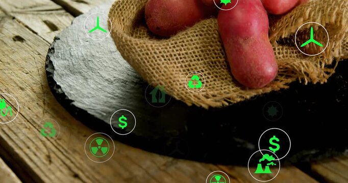 Camera panning, revealing red tubers on burlap slate platter, green icons showing food energy costs