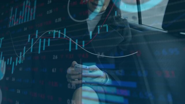 Woman sitting rear seat, tapping phone and checking stocks while market charts shifting over hands