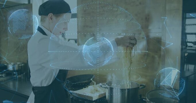 Vertical video: Chef grabbing noodles, guiding into boiling pot with blue globe overlay for cooking