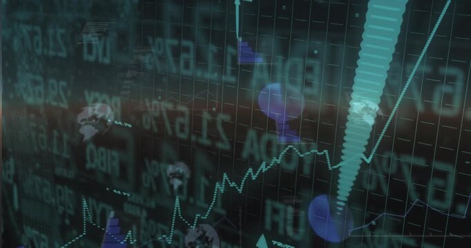 Data feed updating teal dotted line waving and climbing as arrows and spike showing finance gains