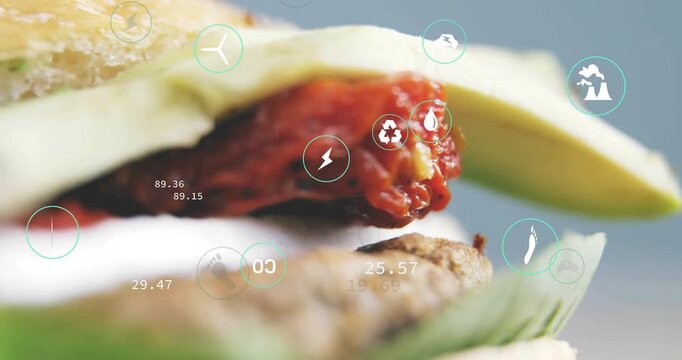 Camera panning down, stacked food item showing eco metrics with HUD icons and changing numbers