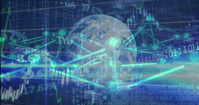 Globe receiving market feed, showing pulsing nodes and candlestick on grid, visualizing markets